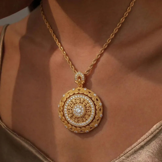 Rotating Eight Treasures Compass & Filigree Lace Border Necklace