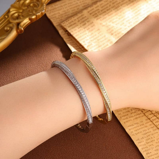 Twisted Zircon Bangle - 24K Gold Plated Stainless Steel Jewelry