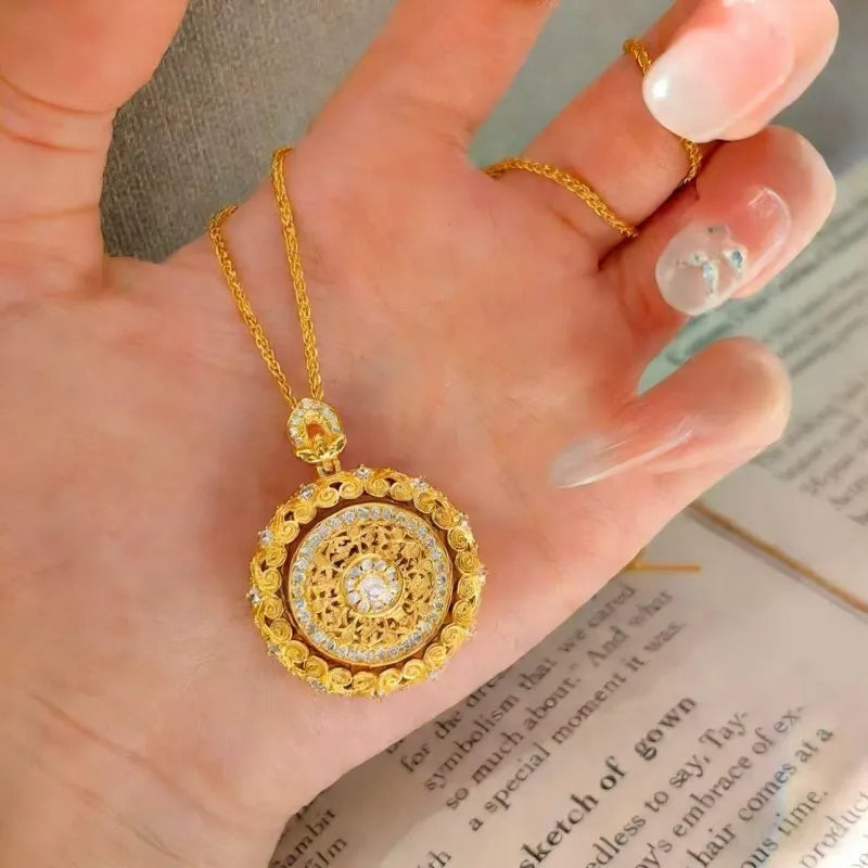 Rotating Eight Treasures Compass & Filigree Lace Border Necklace