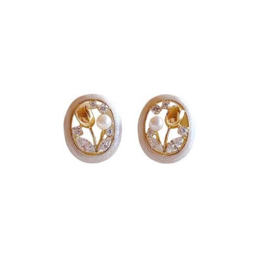 Mercury brand elegant tulip stud earrings featuring 24k gold plating, AAA zircon, and white pearl in a matte oval frame.