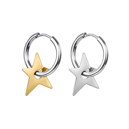 Mercury brand jewelry product photo: A matching pair of unisex hinged hoop earrings. Each polished hoop has a solid star-shaped charm, one in polished gold and one in polished silver.