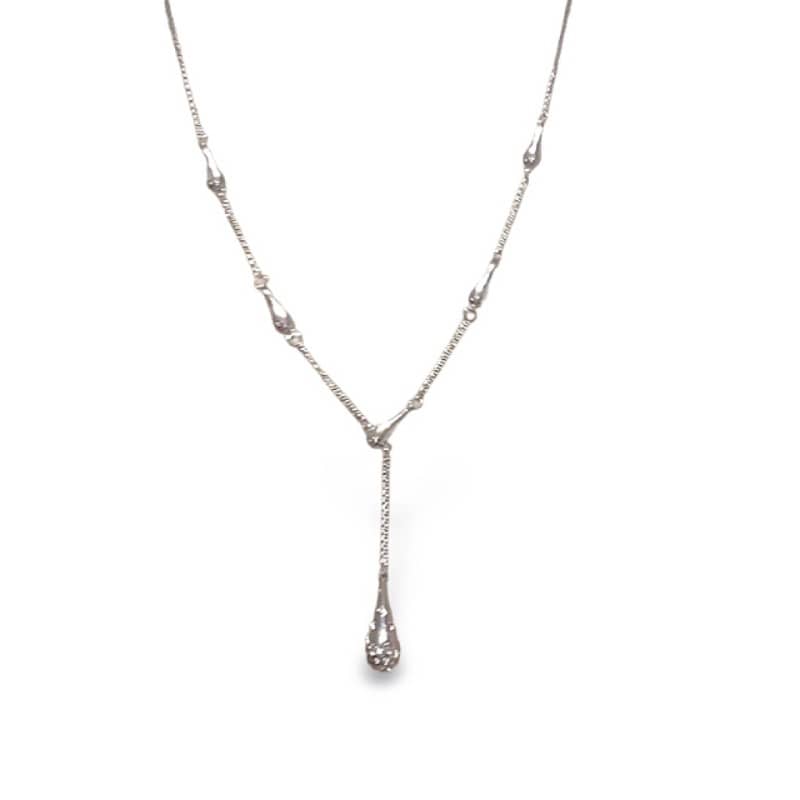 Mercury brand silver Y-shaped lariat necklace featuring a sleek chain with multiple teardrop-shaped metal accents and a central vertical drop.