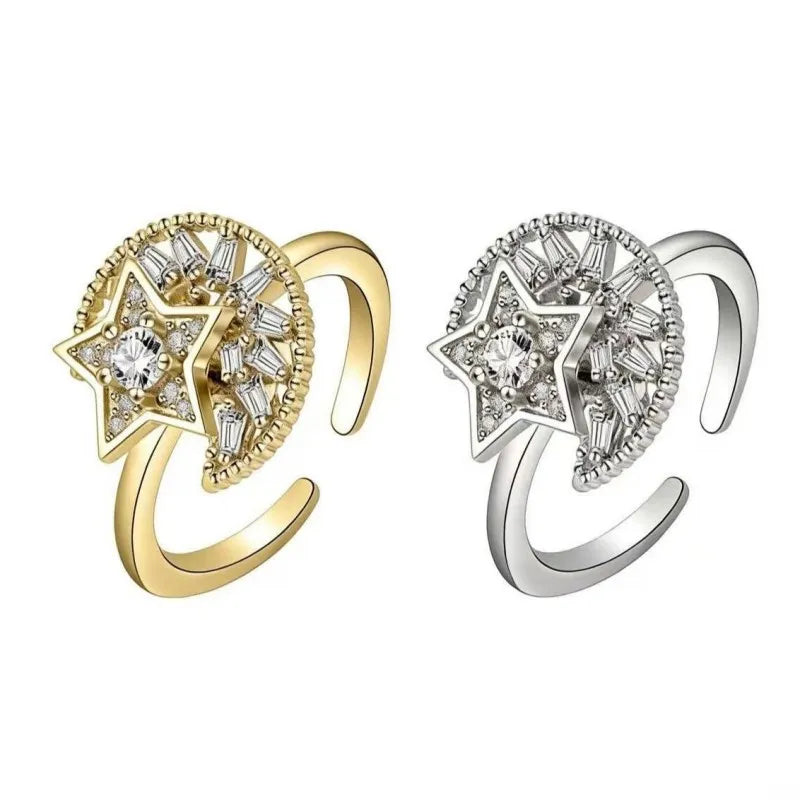 Mercury brand star and moon spinner rings in gold and silver, light luxury fidget jewelry with cubic zirconia.