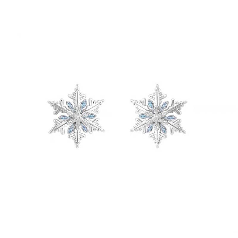 Pair of Mercury brand sterling silver snowflake stud earrings featuring ice-blue central crystals on a pure white background.