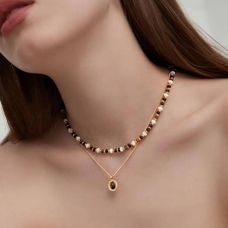 "Earth & Gold" Set: Layered Tiger's Eye Beaded Necklace, Pendant & Drop Earrings