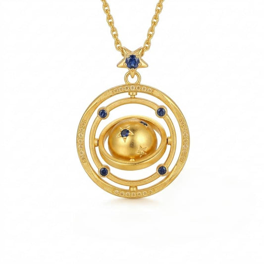 Mercury brand 24K gold plated necklace featuring a rotating 3D planet pendant with blue AAA zirconia stars and a celestial orbit ring.