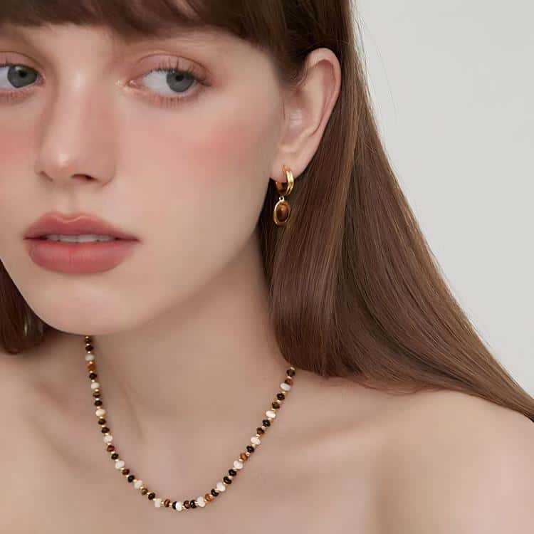 "Earth & Gold" Set: Layered Tiger's Eye Beaded Necklace, Pendant & Drop Earrings