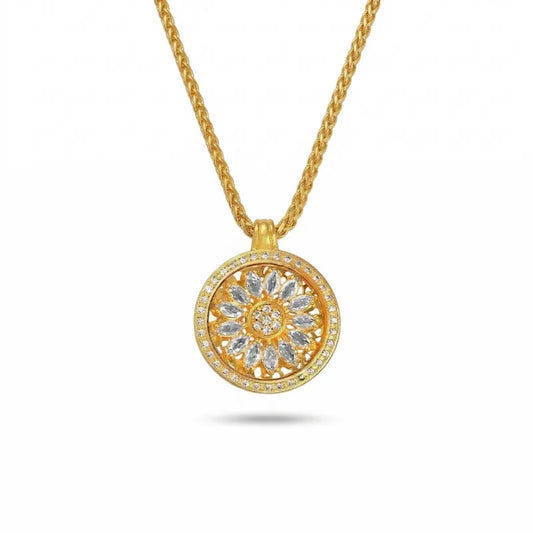 Rotating gold sunflower medallion pendant featuring diamond-encrusted petals and halo, suspended on a Chopin chain.