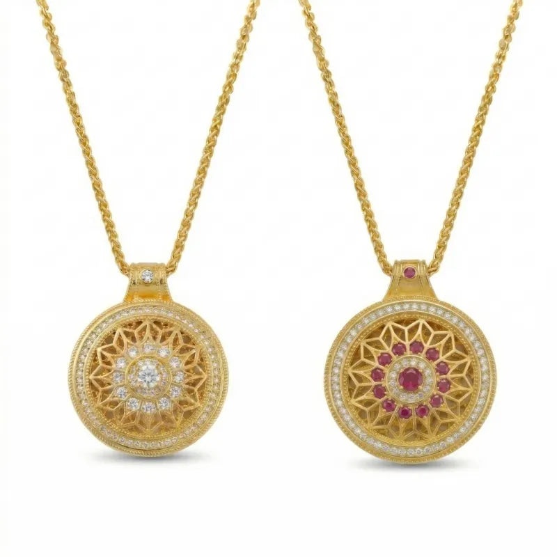 Two rotating gold Gothic Rose Window pendants—one with diamonds and one with rubies—on Chopin chains.