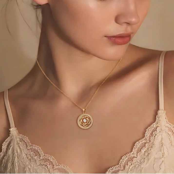 Spinning camellia flower 18K gold plated necklace