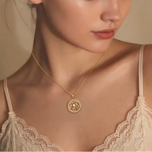 Spinning camellia flower 18K gold plated necklace