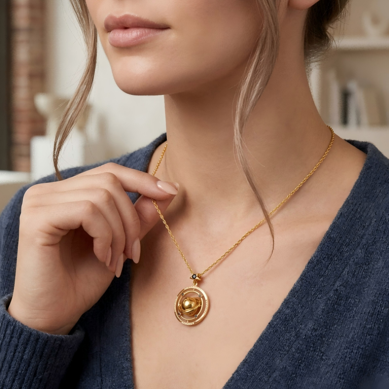 24K Gold Rotating Planet Necklace | Celestial Zirconia Pendant