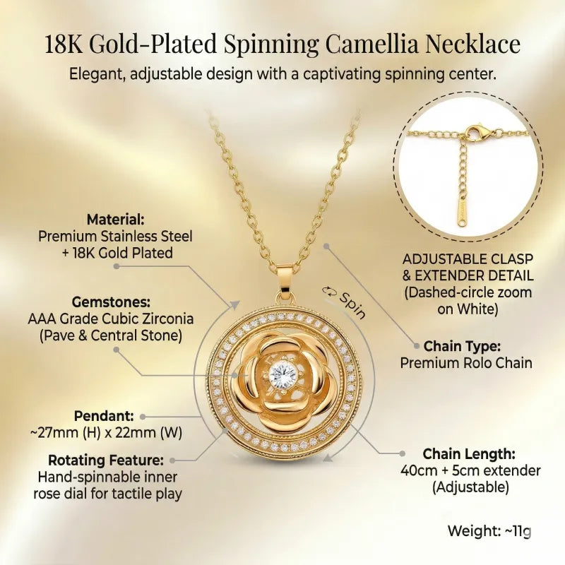 Spinning camellia flower 18K gold plated necklace
