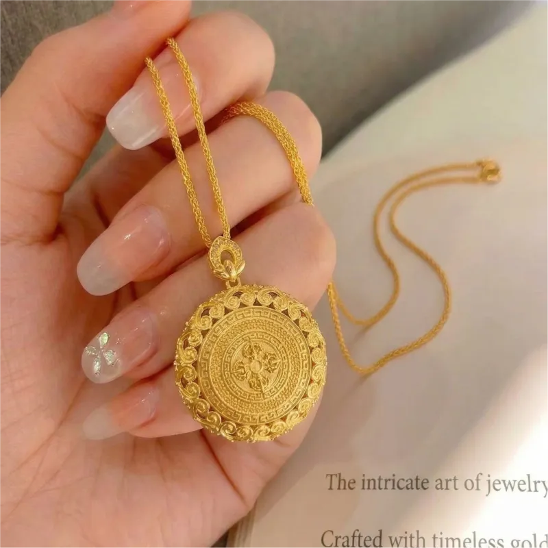 Rotating Eight Treasures Compass & Filigree Lace Border Necklace