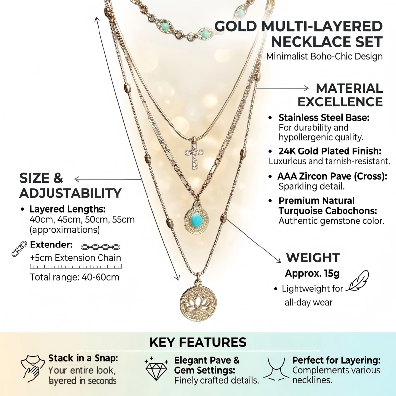 Layered Stainless Steel Necklace with Cross & Lotus Pendant - 18K Gold Plated