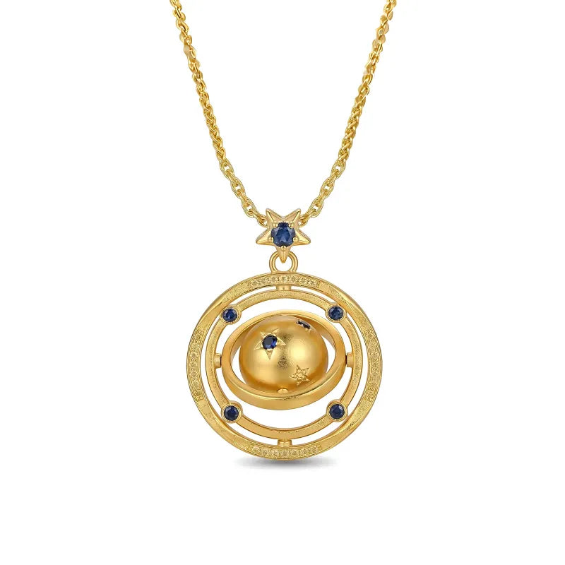 Mercury brand 18K gold plated necklace featuring a rotating 3D planet pendant with blue AAA zirconia stars and a celestial orbit ring.