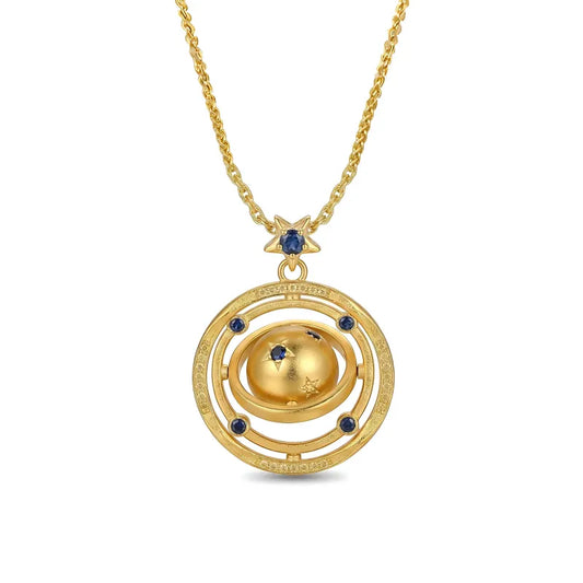 Mercury brand 18K gold plated necklace featuring a rotating 3D planet pendant with blue AAA zirconia stars and a celestial orbit ring.
