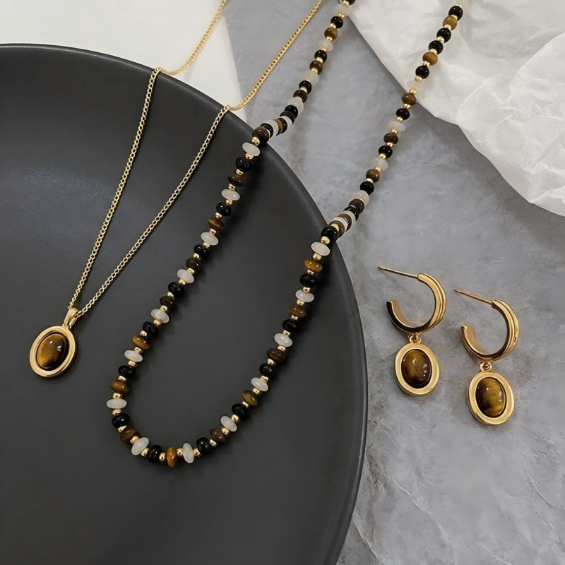 "Earth & Gold" Set: Layered Tiger's Eye Beaded Necklace, Pendant & Drop Earrings