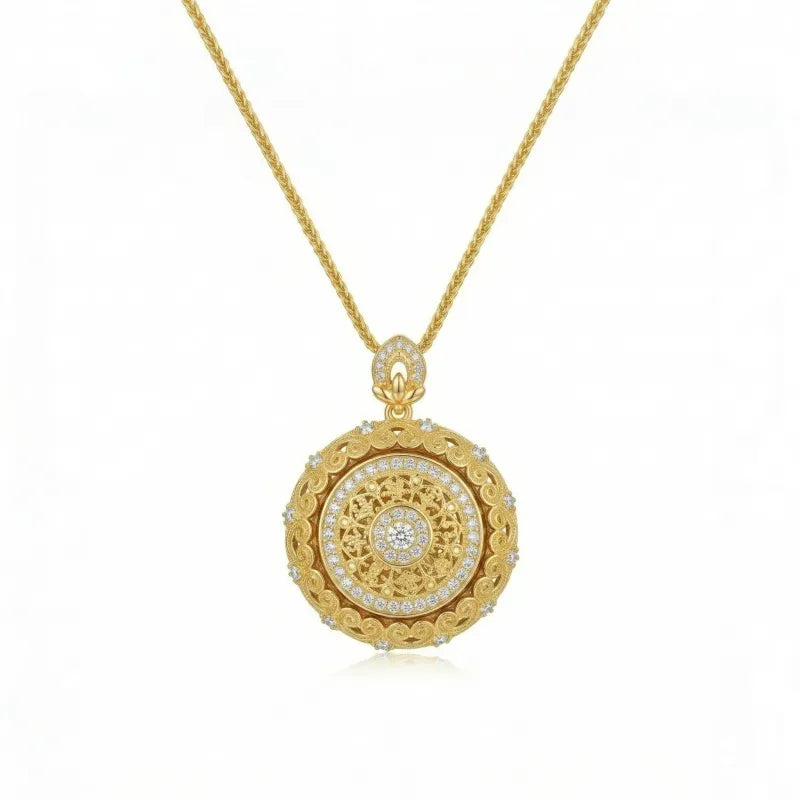 An 18k yellow gold necklace with a round Rotating Eight Treasures Compass and a filigree lace border pendant, accented with brilliant cut diamonds, hangs on a Chopin chain.