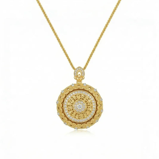 An 18k yellow gold necklace with a round Rotating Eight Treasures Compass and a filigree lace border pendant, accented with brilliant cut diamonds, hangs on a Chopin chain.