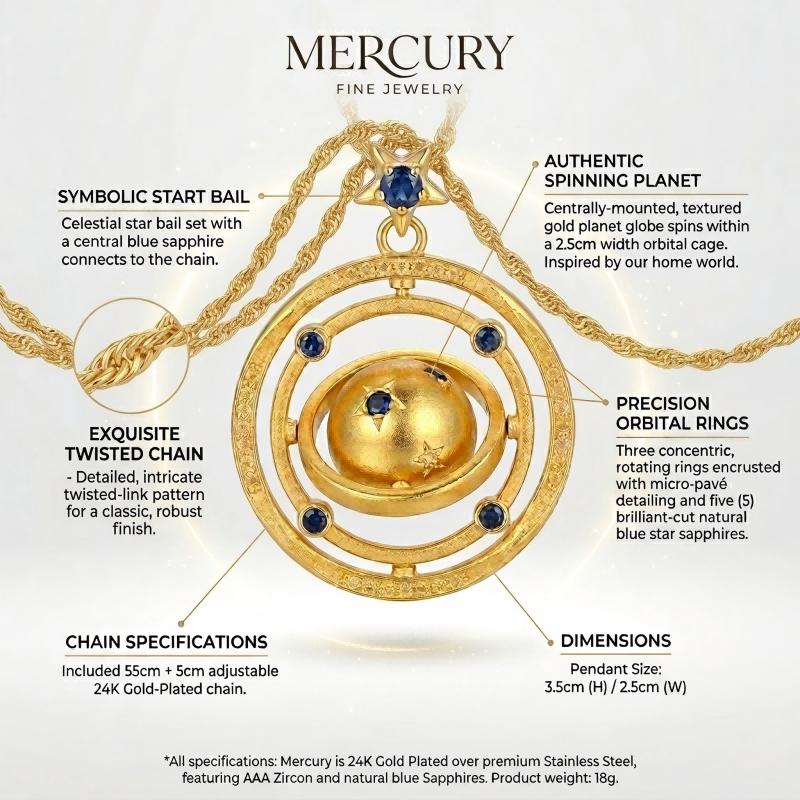 24K Gold Rotating Planet Necklace | Celestial Zirconia Pendant
