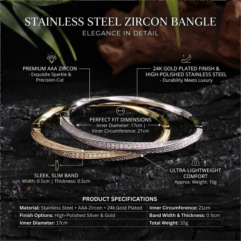 Twisted Zircon Bangle - 24K Gold Plated Stainless Steel Jewelry