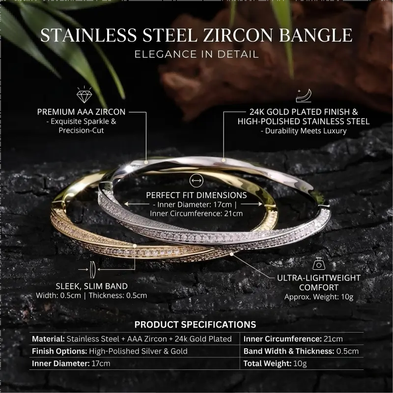 Twisted Zircon Bangle - 24K Gold Plated Stainless Steel Jewelry