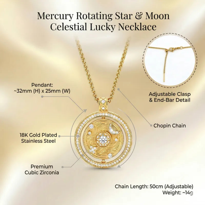 Rotating Star & Moon Celestial Lucky Necklace - 18k Gold Plated
