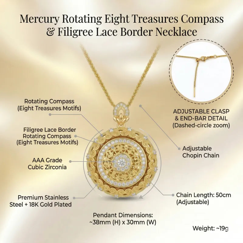 Rotating Eight Treasures Compass & Filigree Lace Border Necklace