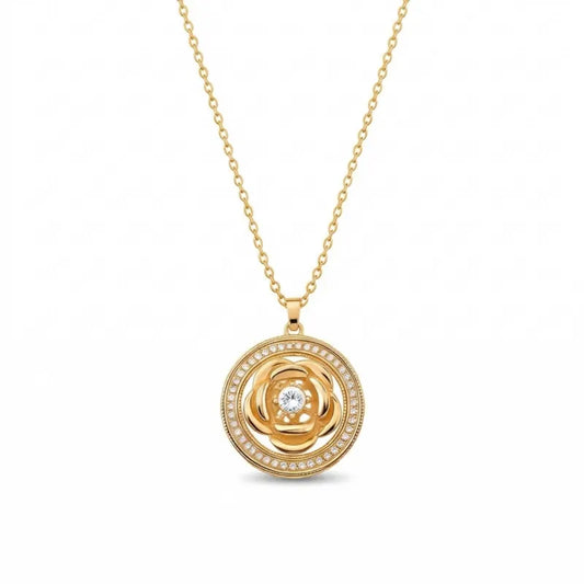 Mercury brand 18K gold plated spinning camellia flower pendant necklace with AAA cubic zirconia in a circular medallion, minimalist light luxury jewelry.