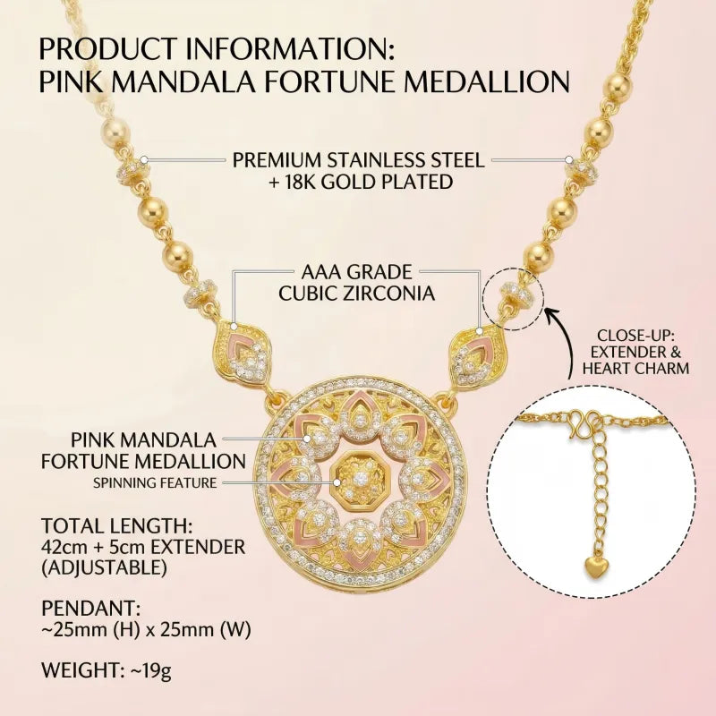 Pink Mandala Fortune Medallion - Spinning 18K Gold Necklace