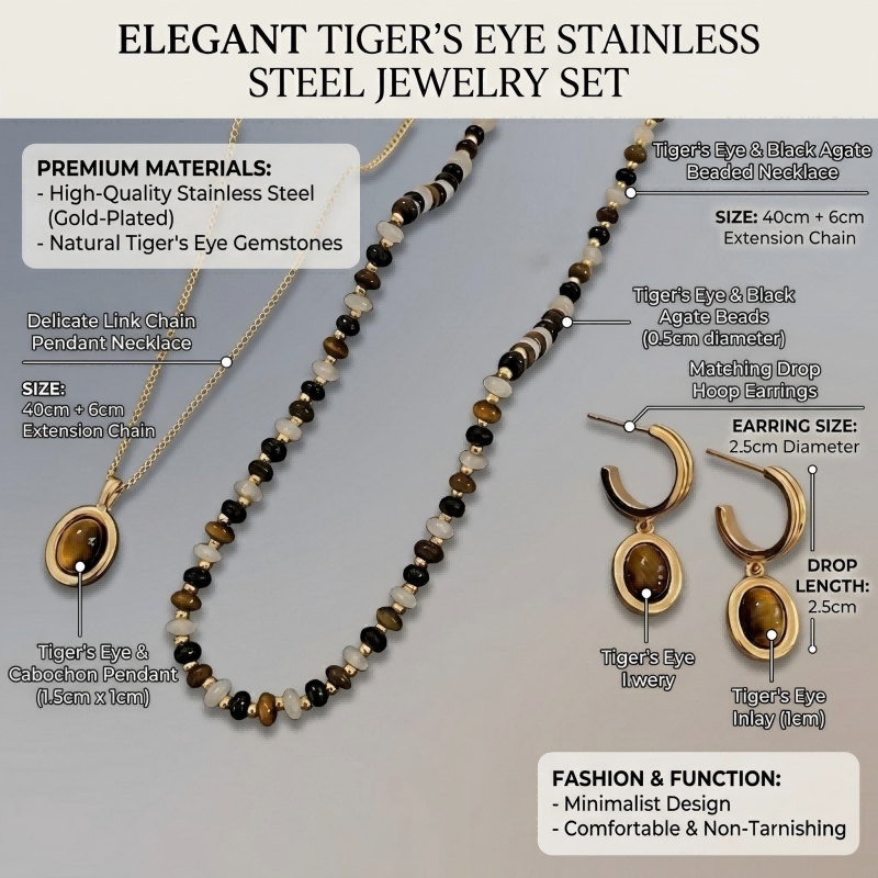 "Earth & Gold" Set: Layered Tiger's Eye Beaded Necklace, Pendant & Drop Earrings