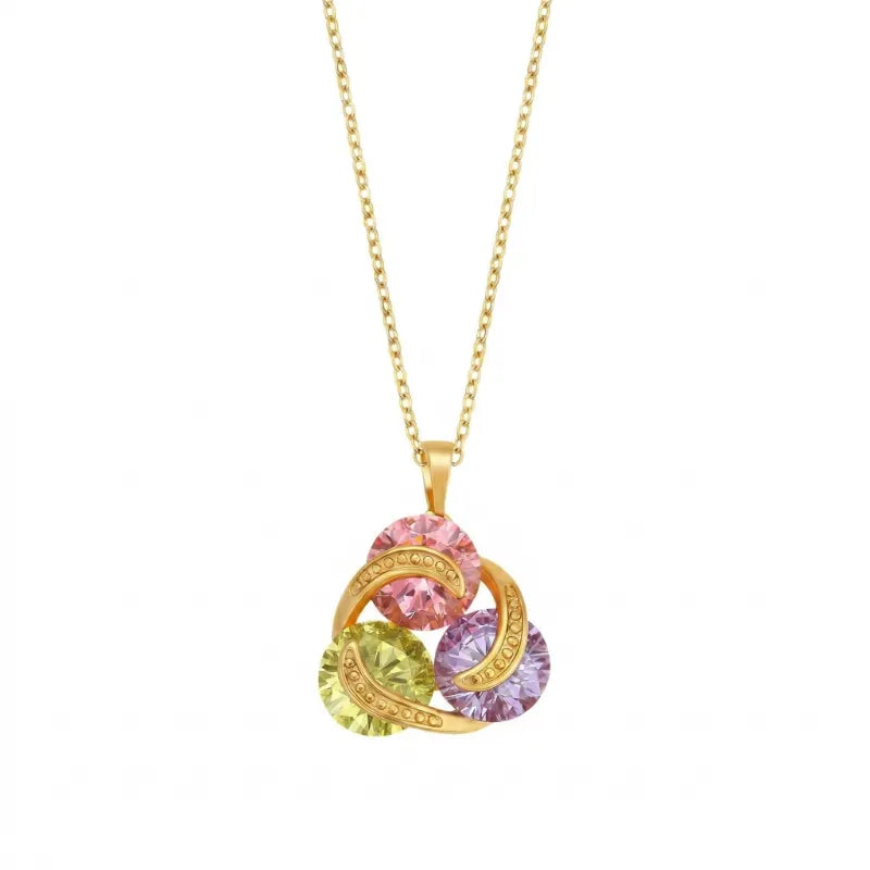 Mercury brand 24K gold plated stainless steel necklace featuring a trinity pendant with pink, purple, and yellow AAA cubic zirconia crystals on a white background.