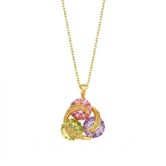 Mercury brand 24K gold plated stainless steel necklace featuring a trinity pendant with pink, purple, and yellow AAA cubic zirconia crystals on a white background.
