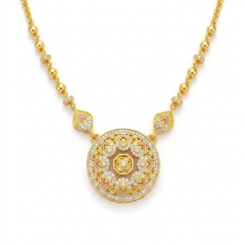 Mercury brand rotating mandala medallion necklace, 18K gold plated stainless steel with pink enamel petals and AAA zirconia, spinning luxury jewelry for women.