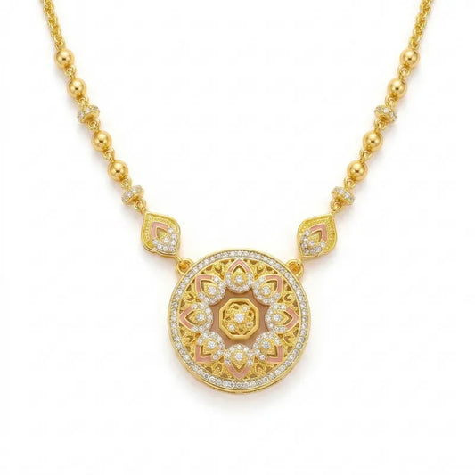 Mercury brand rotating mandala medallion necklace, 18K gold plated stainless steel with pink enamel petals and AAA zirconia, spinning luxury jewelry for women.
