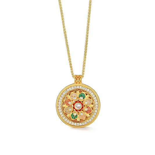 Mercury brand rotatable flower pendant necklace featuring colorful enamel petals and AAA zirconia, 18K gold plated jewelry for women.