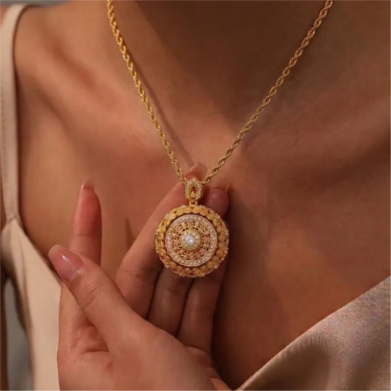 Rotating Eight Treasures Compass & Filigree Lace Border Necklace
