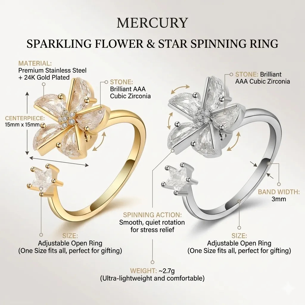 Sparkling Flower & Star Spinning Ring