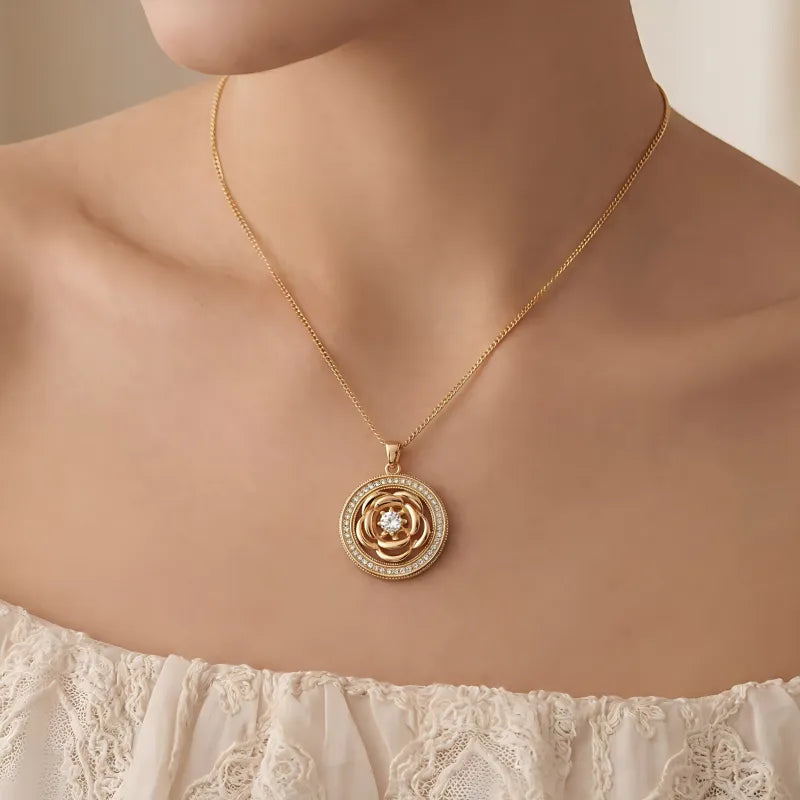 Spinning camellia flower 18K gold plated necklace