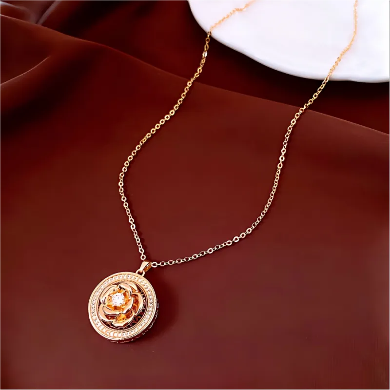 Spinning camellia flower 18K gold plated necklace