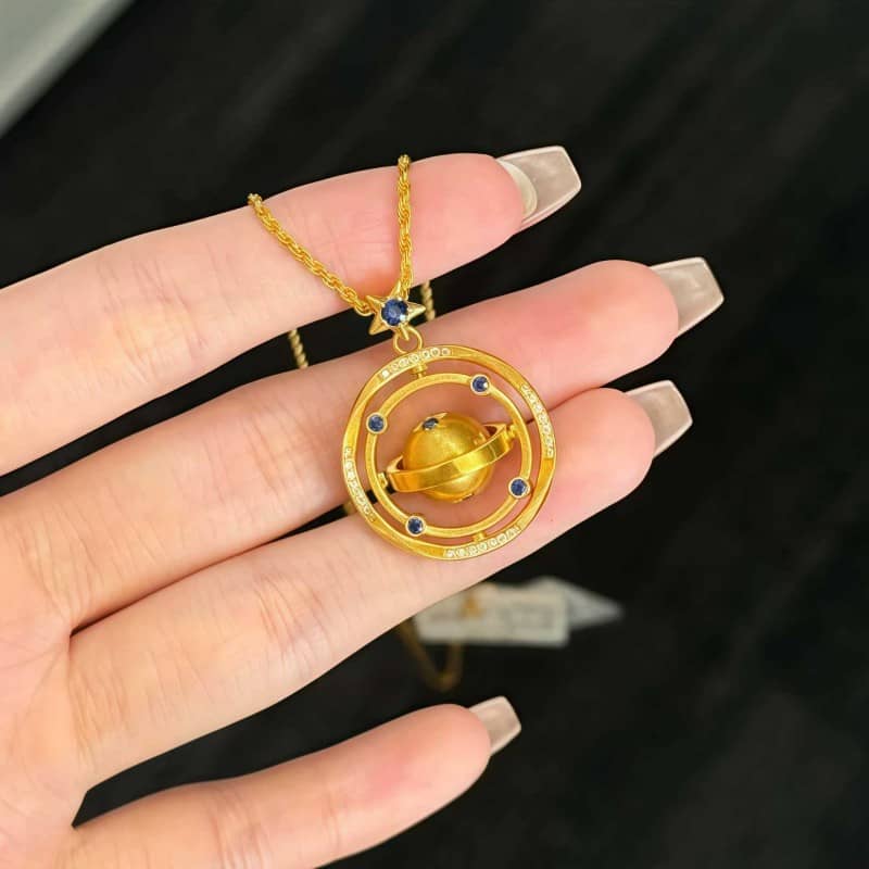 24K Gold Rotating Planet Necklace | Celestial Zirconia Pendant