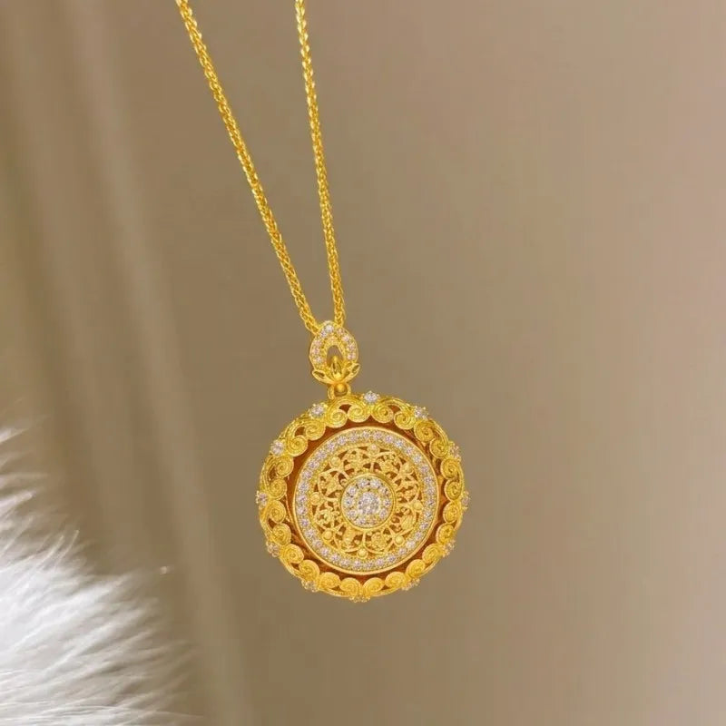 Rotating Eight Treasures Compass & Filigree Lace Border Necklace