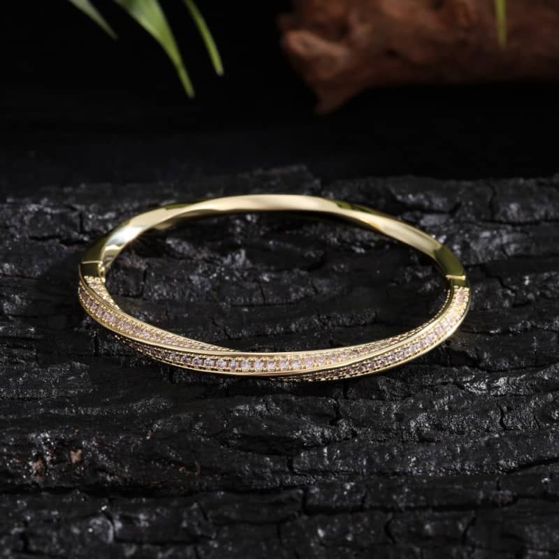 Twisted Zircon Bangle - 24K Gold Plated Stainless Steel Jewelry