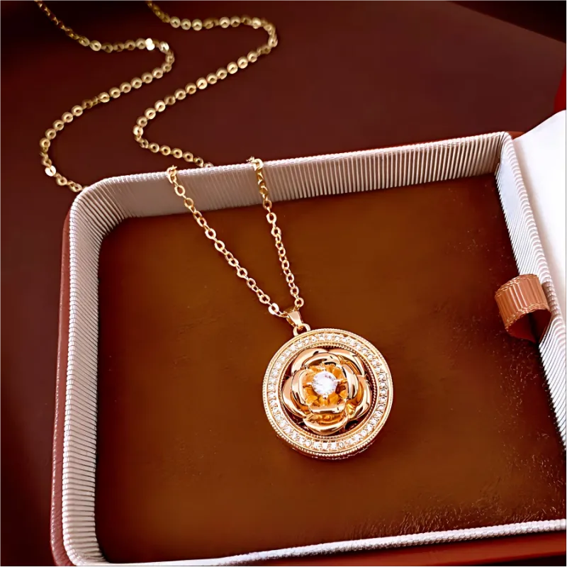 Spinning camellia flower 18K gold plated necklace