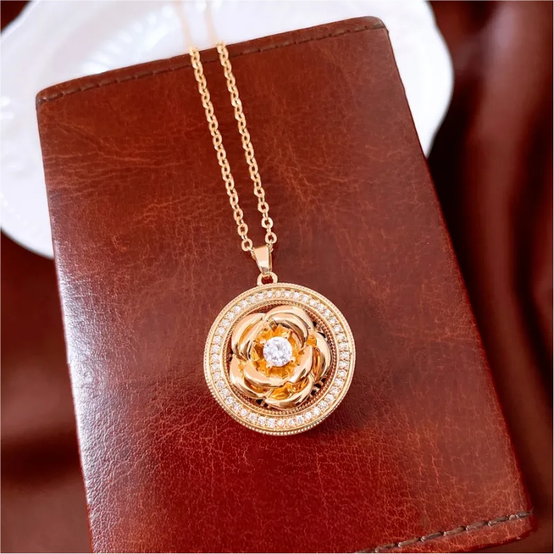 Spinning camellia flower 18K gold plated necklace