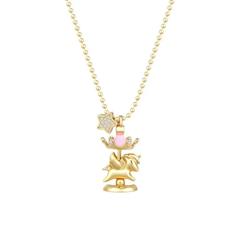 Mercury Spinning Carousel Horse Necklace with 14K Gold Plating and AAA Cubic Zirconia Star Charm.