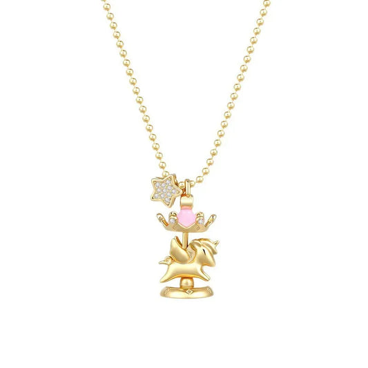 Mercury Spinning Carousel Horse Necklace with 14K Gold Plating and AAA Cubic Zirconia Star Charm.