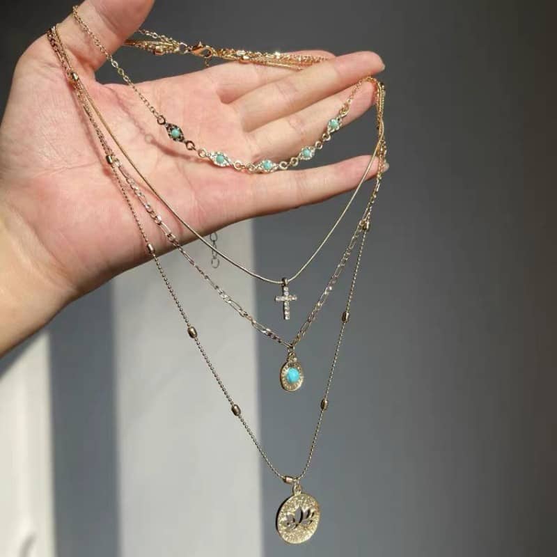 Layered Stainless Steel Necklace with Cross & Lotus Pendant - 18K Gold Plated