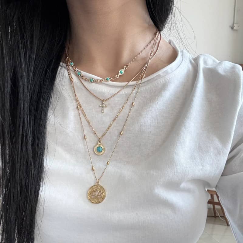 Layered Stainless Steel Necklace with Cross & Lotus Pendant - 18K Gold Plated